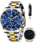 OLEVS Blue Mens Watches Stainless Steel Classic Dress Quartz Waterproof Luminous Luxury Big Face Casual Date Wrist Watches Moon Phase Multifunction Chronograph