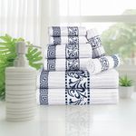 Superior 8 Piece Cotton Towel Set, Highly-Absorbent Plush Decorative Bohemian, Greek Key Trim Jacquard Dobby Border, Face Towels 13” x 13”, Hand Towels 16” x 30”, Bath Towels 30” x 52”, Navy-Blue