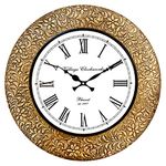 RoyalsCart Emboss Metal Analog Wall Clock For Elegant Home Decor, Office, School, Gym, Shop And Gifting || Clock Size - 16 X 16 Inches [Ktwc255], Gold