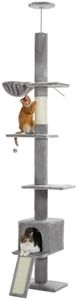 PAWZ Road Floor to Ceiling Cat Tree Tall Cat Tower, Adjustable Height (210-274cm), 5 Tiers Cat Climbing Tree with Cozy Cat Hammock and Condo, Cat Scratching Post for Indoor Cat, Grey