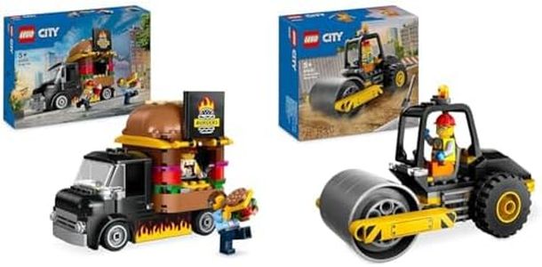 LEGO City Le Food-Truck de Burgers, Jouet de Camionnette, Cadeau pour Garçons et Filles de 5 Ans+ & City Le Rouleau Compresseur de Chantier, Jouet de Construction de Véhicule, Maquette de Camion