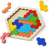 Brain Teasers Puzzles Toy for Kids & Adults | 16 Pcs Wooden Colorful Hexagon Fun Geometry Logic Tangram Puzzles Table IQ Game STEM Montessori Educational Toys Gift for Children (Color May Vary)