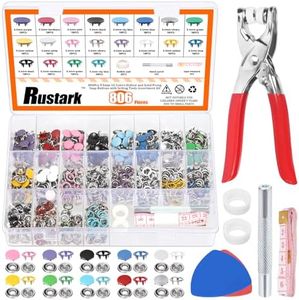 Rustark 808Pcs 10 Colors Snap Button Fastener with Pliers Tool Kit Includes 9.5mm Hollow and Solid Prong Snap Buttons, Snaps Pliers, Punching Tool, Ruler and Sewing Chalk for DIY Sewing Crafting