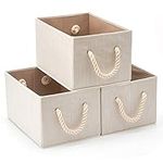 EZOWARE Set of 3 Large Nursery Fabric Storage Baskets Bins Organizer with Cotton Rope Handle for Kids Baby Nursery Room, Towels, Closet, Toys - Beige 37 x 25.5 x 21 cm