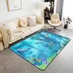 Erosebridal 3D Underwater World Area Rug 5x7 Beach Fish Sea Blue Rug for Kids Child Shark Dolphin Non Slip Carpet for Living Room Jellyfish Starfish Tropical Sealife Decorative Rug