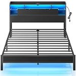 Rolanstar Bed Frame Full Size with Charging Station, LED Bed Frame with Storage Headboard, Metal Platform Bed with Glass Shelves, Bookcase Storage, No Box Spring Needed, Noise-Free, Black