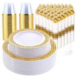 350 Piece Dinnerware Set for Wedding & Party,50 Guest Lace Design Plastic Plates,50 Plastic Silverware,50 Cups,50 Linen Like Napkins,50 Guest Disposable Dinnerware Set (Gold)