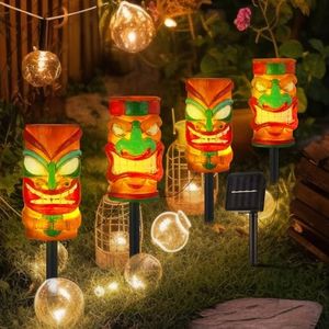 Tujoe 4 Pcs Tribal Tiki Head Solar Light Solar Tiki Statue Tiki Bar Decor Outdoor Figurine Lights Solar Stake Lights for Bar Patio Balcony Yard Lawn Decoration