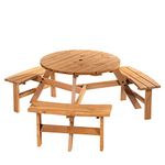 Outsunny 6 Seater Wooden Picnic Table and Bench Set Round Patio Dining Set with 3 Benches and Umbrella Hole Outdoor Garden Park