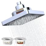 Rainfall Shower Head with Filter, 6 Inch Rain Shower Head High Pressure Overhead Replacement, Square Fixed Shower Head Adjustable with Swivel Ball, 2 Filter, Chrome