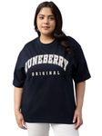 JUNEBERRY® 100% Pure Cotton Oversized Baggy Fit Cool Front Chest Graphic Printed Half Sleeve Plus Size T-Shirt for Women & Girls (JB_PS_JBORGNL_NVY_4XL)