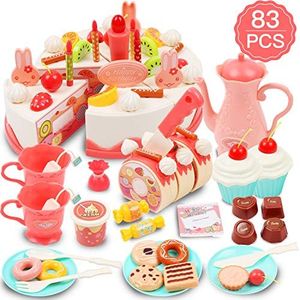DigHealth 83 Pezzi Torta Compleanno Giocattolo con Candele, Frutta, Gelato, Biscotti, Dessert, Dolci e Cioccolato per Neonati e Bambini
