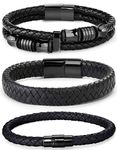 FIBO STEEL 3 PCS Magnetic-Clasp Leather Bracelets for Men Wrap Braided Leather Bracelets Wrist Cuff Bangle 8.0 Inch