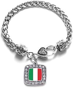 Inspired Silver - Italian Flag Silver Braided Bracelets for Women - Square Charm Bracelet Jewelry Gift with Cubic Zirconia - Women's Charm Bracelet with Lobster Claw Clasp