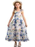 BONNY BILLY Girls Spaghetti Strap Chiffon Floral Print Casual Summer Holiday Boho Beach Maxi Long Dress 5-6 Years Blue