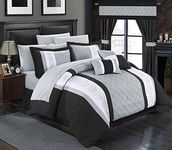 Chic Home 24 Piece Danielle Complete Pintuck Embroidery Color Block Bedding, Sheets, Window Panel Collection Bed in a Bag Comforter Set, Queen, Black