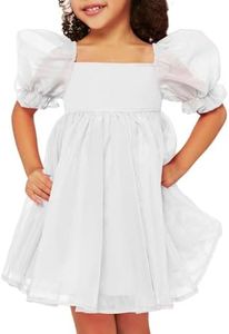 WDIRARA Toddler Girl's Mesh Tulle Dress Square Neck Puff Short Sleeve Ruffle Hem Birthday Party Cute A Line Midi Dress White 4Y