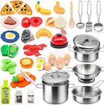 37Items 59Pcs Kids Pretend Play Kitchen Accessories Set, Stainless Steel Play Pots and Pans Sets for Kids, Cooking Utensils, Play Food Pizza Knife Kitchen Playset Toys Gift for Boys Girls Toddlers …