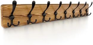 SAYONEYES Rustic Coat Rack Wall Mount, 30.7 Inch Long Solid Pine Brown Wood Wall Rack, Coat Hanger Wall Mounted with 8 Heavy Duty Tri Hooks for Hanging Coat, Towels, Hat, Jacket - 1 Pack