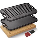 Overmont Reversible Grill Pan Cast Iron Pan 17x9.8" Pre-Seasoned Skillet with Handles for Stovetop Open Fire Oven, Scrapers Included