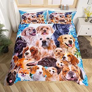 Dog Comforter Cover Kids Cute Cartoon Dogs Duvet Cover for Boys Girls Pet Puppy Animal Design Bedding Set Lovely Pug Bulldog Collage Pattern Bedspread Cover Bedroom Collection 2Pcs Twin Size