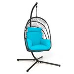 Giantex Egg Chair Hammock Stand - Hanging Swing with Stand, Folding Swinging Chair with Soft Cushion & Pillow, Wicker Rattan Hanging Chair for Bedroom,Garden, Patio Foldable Hammock Chair (Turquoise)