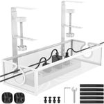 Under Desk Cable Management Tray, Metal Long Arms(3.9in), No Drill Mesh Desk Cable Tray, Wire Management Tray Cable Management Box for Office, Desk Cable Tray Wire Organizer, 1 Pack, White