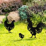 KOLYMAX 3 PCS Metal Chicken Yard Art Garden Decorative Stake Hollow Out Animals Silhouette Statue Decor, Chickens Family Silhouette Sets for Pathway, Floor, Garden, Lawn, Outdoor Decoration