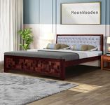 MoonWooden Solid Sheesham Wood King Size Bed Without Storage & Greyish Upholstered Cushioned Headboard for Bedroom Living Room Rosewood Bed (Teak Finish)