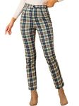 Allegra K Women's Work Trousers High Waist Plaid Tartan Check Button Straight Leg Casual Pants Green M