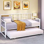 YITAHOME Twin Daybed with Pull Out Trundle/Steel Slat Support/Space Saving Adjustable Height Sofa Bed Couch and Multi-Functional Furniture for Living Room and Guest Room, White