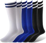 Provone 3 Pairs Kids Football Socks Kids Soccer Socks,Unisex Anti-Slip Socks Long Soccer Sock for Boys Girl Aged 5-12(Blue+White+Black)