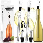 Pack of 2 Wine Cooling Sticks, 4-in-1 Wine Cooler Stick, Premium Wine Cooling Rod Made of Stainless Steel with 2 Sticks + 2 Pourers + 2 Bottle Stoppers and 1 Foil Cutter for Wine Lovers, Suitable for