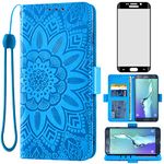 Asuwish Phone Case for Samsung Galaxy S6 Edge with Tempered Glass Screen Protector and Flower Leather Wallet Flip Cover Credit Card Holder Cell Accessories Glaxay S6edge 6s 6 S 6edge Women Men Blue