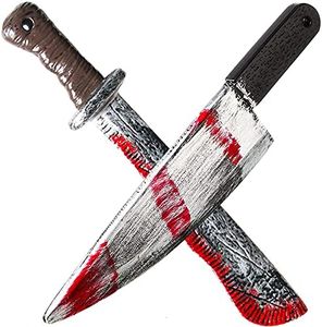 2 PCS Bloody Machete Prop, Halloween Realistic Prank Props, 17-inch Plastic Blade with Fake Blood Stains, BloodyFake Knife Toy Props for Horror Party Role Playing