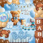 Party Spot！116 pcs Teddy Bear Baby Shower Decorations Boy,80 pcs Balloons,4 Wood Grain Blocks with Letter,"We can bearly wait" Backdrop,Banner,Tablecloth,Balloon Pump, Blue Brown Bear Theme