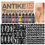 ANTIKE Temporary Tattoo Kit,10 Bottles Temporary Tattoo Ink 0.5oz with 84Pcs Tattoo Stencils,DIY Fake Tattoo for Women Men Kids Body Art Painting ZYH2312333KIT