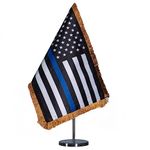 SYII Thin Blue Line Table Flag with Gold Fringed 7.8x11.8 Inches Made in USA, 2 Ply Double Sided Heavy Duty Back the Blue Police Office Desk Flags with Adjustable Stand from 9.4 to 16.5 Inch and Round Base