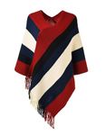 Ferand Women's Elegant Knitted Poncho Top with Stripe Patterns and Fringed Sides, One Size, Red & Black