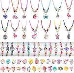 70 Pcs Kids Jewelry for Girls Set Little Girls Jewelry Unicorn Mermaid Adjustable Friendship Bracelets Necklaces Rings Earrings Animal Multicolor Woven Pendant for Little Girls Pretend Play Gifts