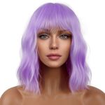 LANCAINI Short Bob Wigs with Bangs for Women Loose Wavy Wig Curly Wavy Shoulder Length Bob Synthetic Cosplay Wig for Girl Colorful Costume Wigs (Purple)