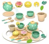 SOLMAN Wooden Tea Set for Toddlers,Pretend Play Kids Toy Tea Party Set for Girls Boys Birthday Gifts,Childrens Tea Set Toy Kitchen Accessories