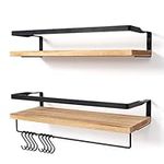 AGM Floating Shelves Wall Mounted Shelf, Wooden Wall Shelves Racking Set of 2 for Bedroom, Bathroom, Living Room, Kitchen Storage w/ 1 Towel Bar and 8 S Hooks, Max Load 33lbs