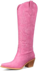 Pasuot Western Cowboy Boots for Women - Knee High Wide Calf Cowgirl Boots, Slip On Pointed Toe Chunky Heel Fashion Retro Classic Pull On Tall Boot for ladies Party concert Pink US 7.5