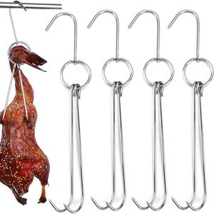 SNOKAY 4 Pcs Double Meat Hooks - Stainless Steel Rotatable Roasting Hooks for Bacon, Hams, Meat, Duck, BBQ Grill, and Drying