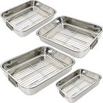 Stainless Steel Roasting Trays Oven Pan Dish Meat Baking Roaster Tin Tray Removable Grill Rack Foldable Handles Easy to Use (Set of 4 S,M,L,XL)