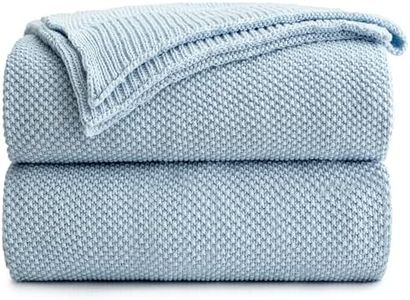 100% Cotton Light Blue Cable Knit Throw Blanket with Bonus Laundering Bag – Large 60 x 80 Inch Thick, Extra Cozy, Machine Washable, 3.2 Pounds Blue Color