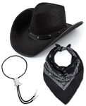 Adult Texan Cowboy Black Hat + Bootlace Necktie + Paisley Bandana Fancy Dress Party Accessory Wild West Sheriff Country Western Rancher (Black)