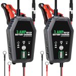 2 Pack 3 AMP Battery Charger - 6V/12V Smart Automotive Battery Charger, Fully Automatic and Maintainer Trickle Charger for Car, Motorcycle, Boat, Lead-Acid, Lithium, LiFePo4 Battery