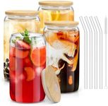 Drinking Glasses with Bamboo Lids and Glass Straw - 4Set 500ml Can Shaped Glass Cups for Beer, Ice Coffee, Cute Tumbler Cup Great for Soda Boba Tea Cocktail Include Cleaning Brushes